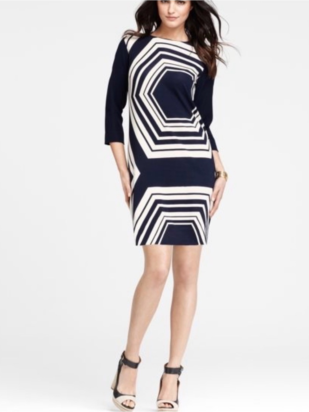 Ann Taylor Petites Navy White Sheath Dress 3/4 Sleeves Knee Length Women SP